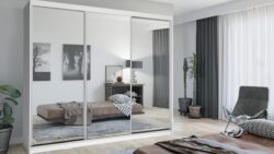 Nowoczesna biała szafa przesuwna Lux 250 z lustrem, wykonana z laminowanej płyty, idealna do nowoczesnych wnętrz