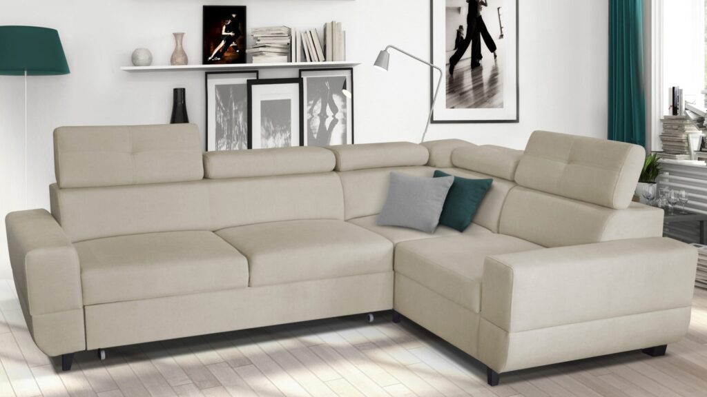 Narożnik rozkładany Cobra w nowoczesnym salonie z funkcją spania i pojemnikiem na pościel