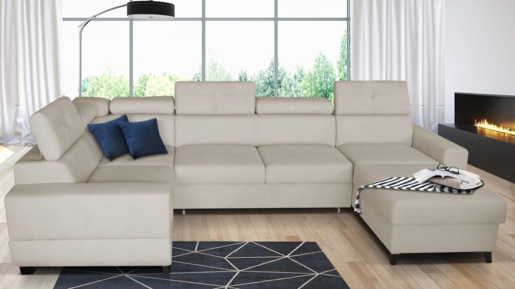 Narożnik rozkładany Cobra Maxi w nowoczesnym salonie z funkcją spania i pojemnikiem na pościel