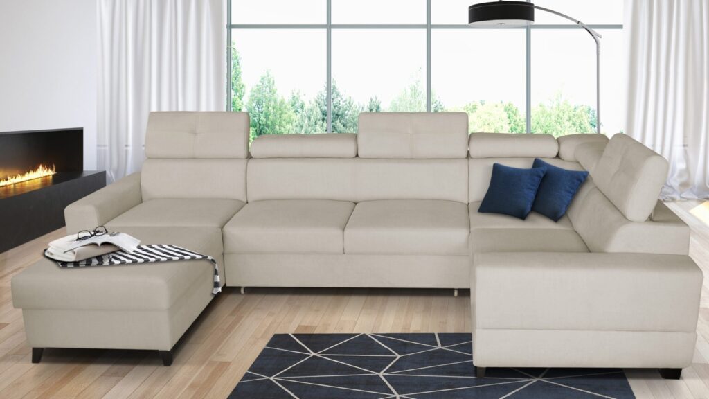 Narożnik rozkładany Cobra Maxi w nowoczesnym salonie, tapicerowany tkaniną, z funkcją spania i pojemnikiem na pościel