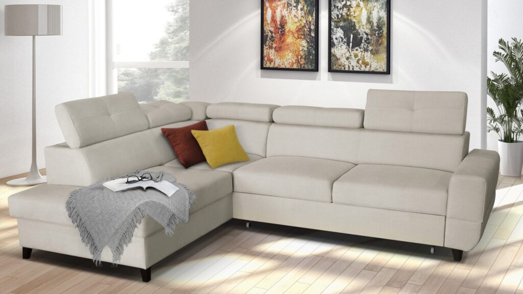 Narożnik rozkładany Cobra Premium w nowoczesnym salonie, z funkcją spania i pojemnikiem na pościel