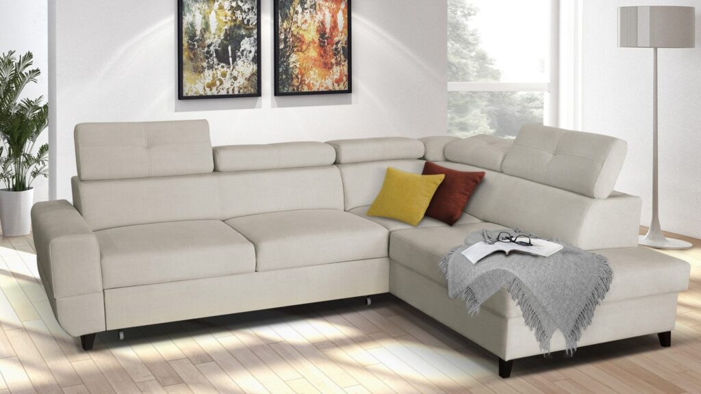 Narożnik rozkładany Cobra Premium w nowoczesnym salonie z regulowanymi zagłówkami i pojemnikiem na pościel