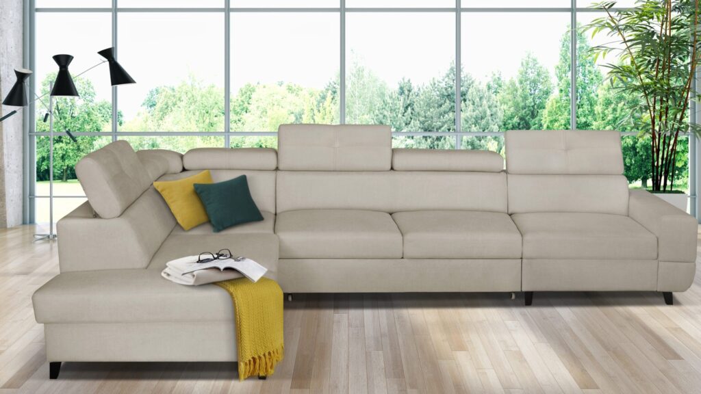 Narożnik rozkładany Cobra Premium+1 w nowoczesnym salonie, tapicerowany, z funkcją spania i pojemnikiem na pościel