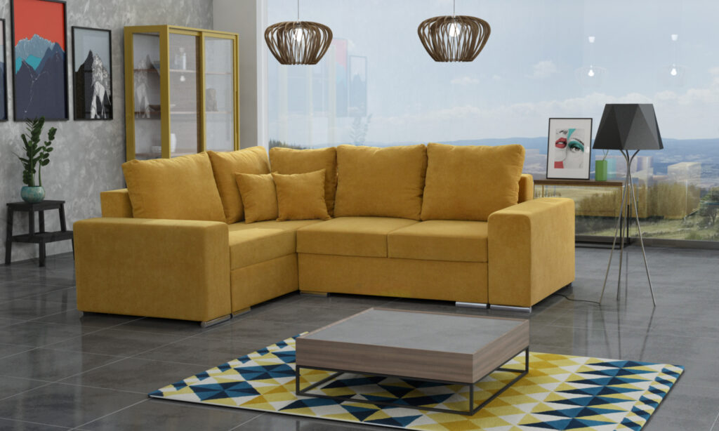 Narożnik rozkładany Massimo H1 z tkaniny w jasnym kolorze, nowoczesny i komfortowy mebel z pojemnikami na pościel