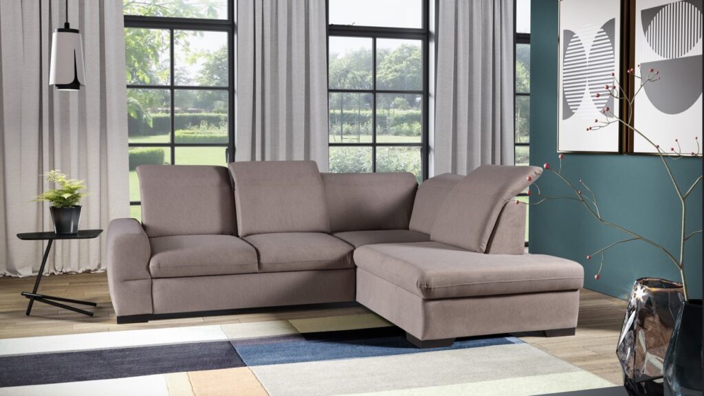 Narożnik rozkładany Fluenso w tkaninie Castel-20 z funkcją spania i pojemnikiem na pościel