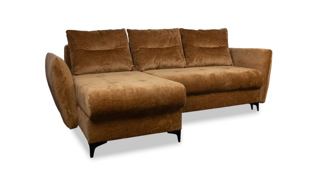 Narożnik rozkładany Fortuna z luźnymi poduszkami i pojemnikiem na pościel w nowoczesnym stylu