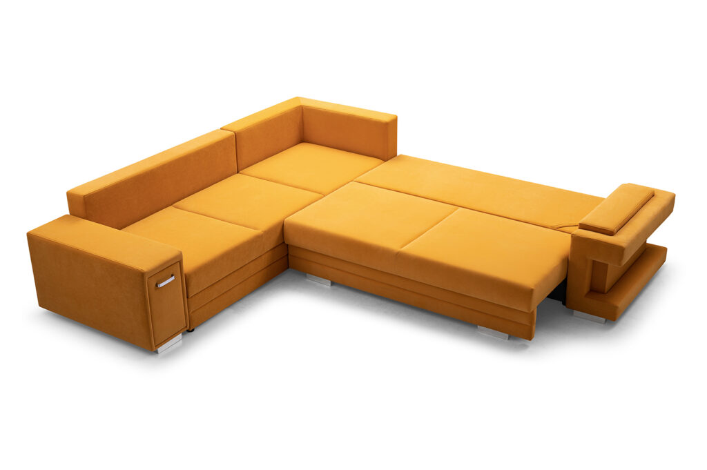 Narożnik rozkładany A2 w tkaninie Matt Velvet-48 z chromowanymi nóżkami i pojemnikami na pościel