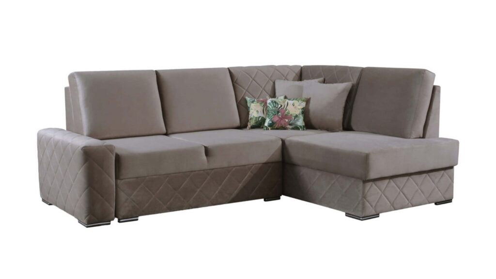 Narożnik rozkładany Gusto w nowoczesnym salonie z regulowanymi zagłówkami i pojemnikiem na pościel