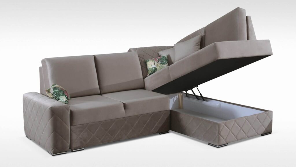 Narożnik rozkładany Gusto z pojemnikiem na pościel w nowoczesnym wnętrzu