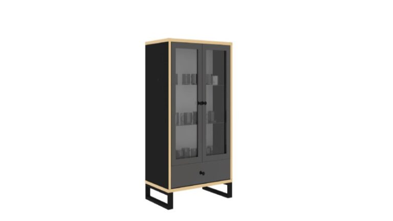 Witryna Henry 1S w białym połysku z metalowymi nóżkami i złotymi wstawkami, nowoczesny design