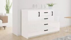 biała komoda Bahli w połysku z czterema szufladami i dwoma drzwiami, nowoczesny design