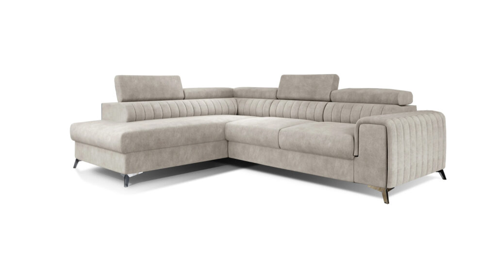 Narożnik rozkładany Laurence w tkaninie Dora-21 z regulowanymi zagłówkami i chromowanymi nóżkami