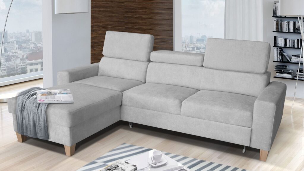 Narożnik rozkładany Leo Mini w nowoczesnym salonie z funkcją spania i pojemnikiem na pościel