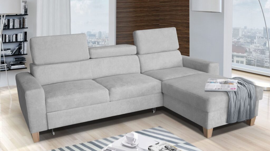 Narożnik rozkładany Leo Mini w nowoczesnym salonie z funkcją spania i pojemnikiem na pościel