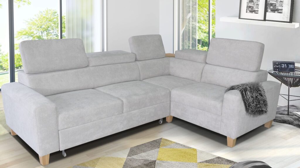 Narożnik rozkładany Leo w nowoczesnym salonie z regulowanymi zagłówkami i pojemnikiem na pościel