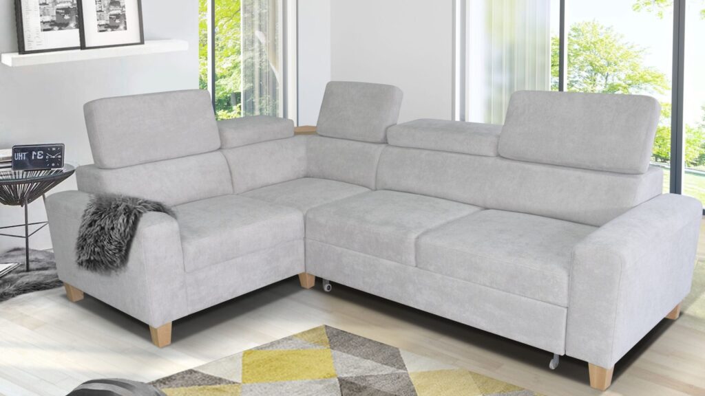 Narożnik rozkładany Leo w nowoczesnym salonie z funkcją spania i pojemnikiem na pościel