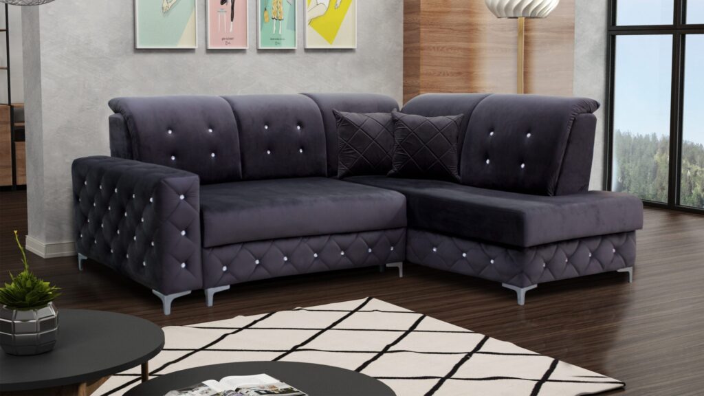 Narożnik rozkładany Lucas w stylu glamour z pikowanym wykończeniem, metalowymi nóżkami i funkcją spania