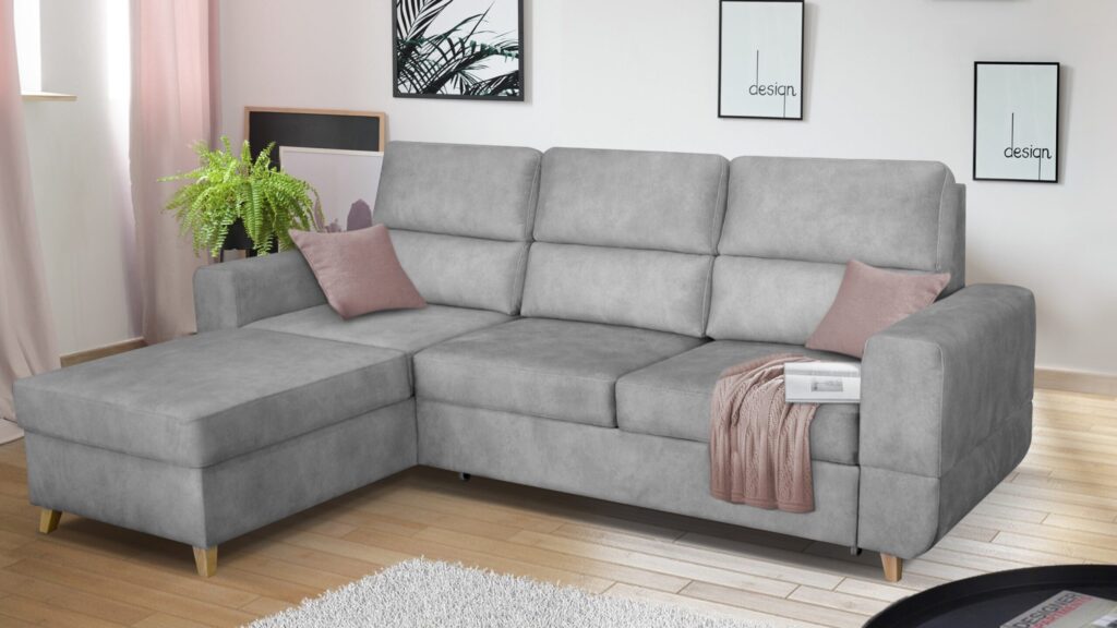 Narożnik rozkładany Maximus Mini w nowoczesnym salonie, tapicerowany tkaniną w neutralnym kolorze