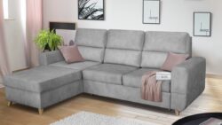 Narożnik rozkładany Maximus Mini w nowoczesnym salonie, tapicerowany tkaniną w neutralnym kolorze