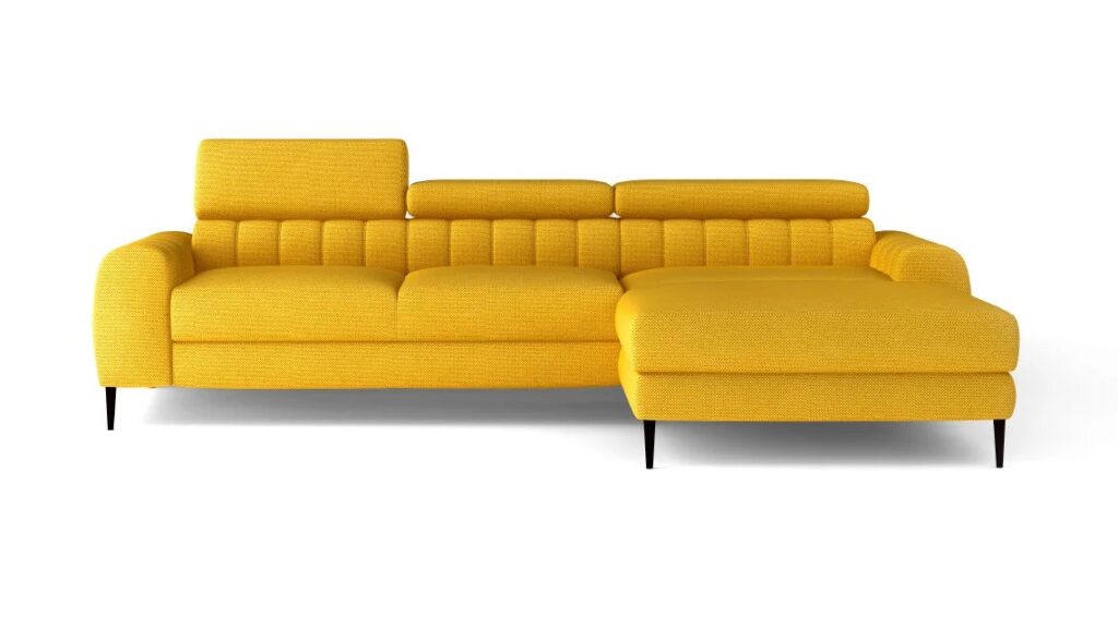 Narożnik rozkładany Navas Mini w tkaninie Curio-48 na białym tle, nowoczesny i funkcjonalny mebel