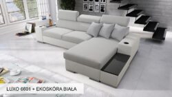 Narożnik rozkładany Perseo I Mini w tkaninie Luxo-6601 z chromowanymi nóżkami i regulowanymi zagłówkami