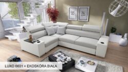 Narożnik rozkładany Perseo II w tkaninie Luxo-6601 z chromowanymi nóżkami i regulowanymi zagłówkami
