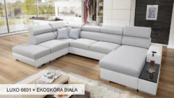 Narożnik U rozkładany Perseo VI w tkaninie Luxo-6601 z chromowanymi nóżkami i regulowanymi zagłówkami
