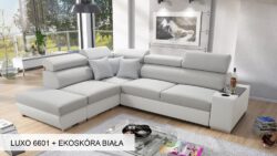 Narożnik rozkładany Perseo VII w tkaninie Luxo-6601 z chromowanymi nóżkami i regulowanymi zagłówkami