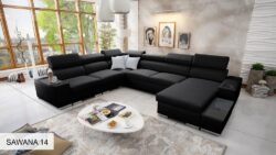 Narożnik U rozkładany Perseo VIII w tkaninie Luxo-6601 z chromowanymi nóżkami i funkcją spania