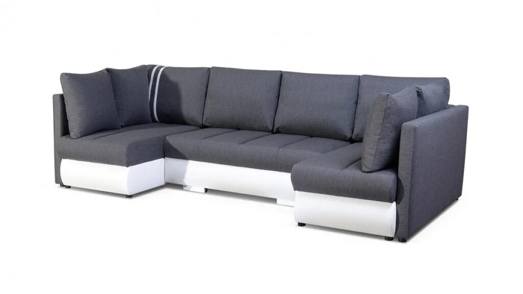 Narożnik rozkładany R-City U w tkaninie Inari-94 i Soft-17 z funkcją spania i pojemnikami na pościel