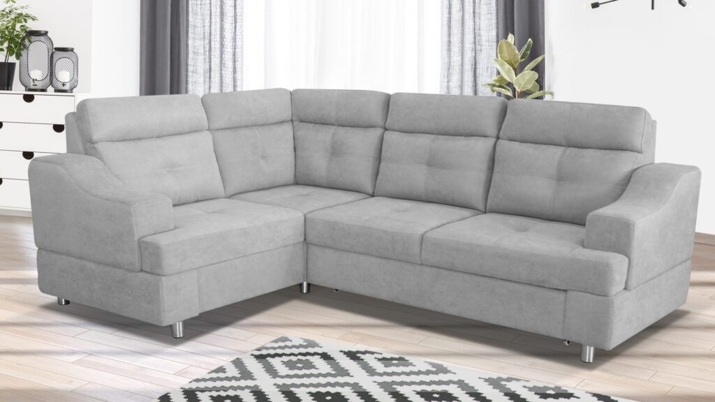 Narożnik rozkładany Novelus w nowoczesnym salonie z funkcją spania i pojemnikiem na pościel