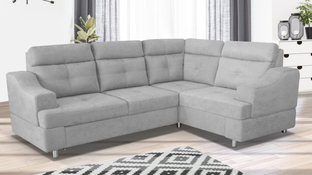 Narożnik rozkładany Novelus w nowoczesnym salonie z funkcją spania i pojemnikiem na pościel