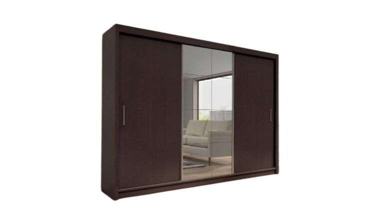 Szafa przesuwna Peso 250 w kolorze wenge z lustrem, nowoczesny design, funkcjonalne wnętrze