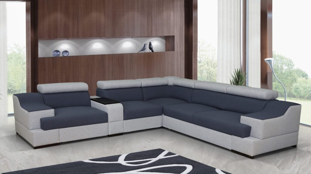 Narożnik rozkładany Prima B1+1 w nowoczesnym salonie z regulowanymi zagłówkami i pojemnikiem na pościel