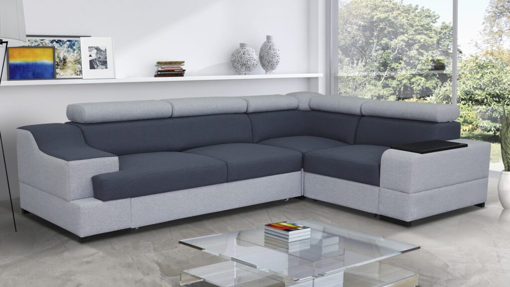 Narożnik rozkładany Prima B1 w nowoczesnym salonie z regulowanymi zagłówkami i pojemnikiem na pościel