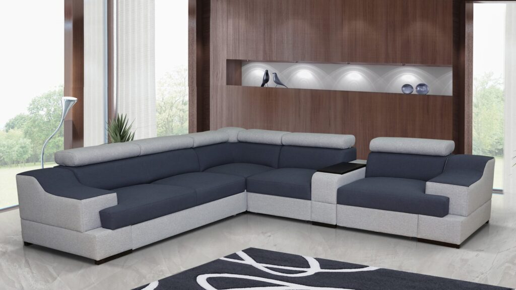 Narożnik rozkładany Prima B1+1 w nowoczesnym salonie z regulowanymi zagłówkami i pojemnikiem na pościel