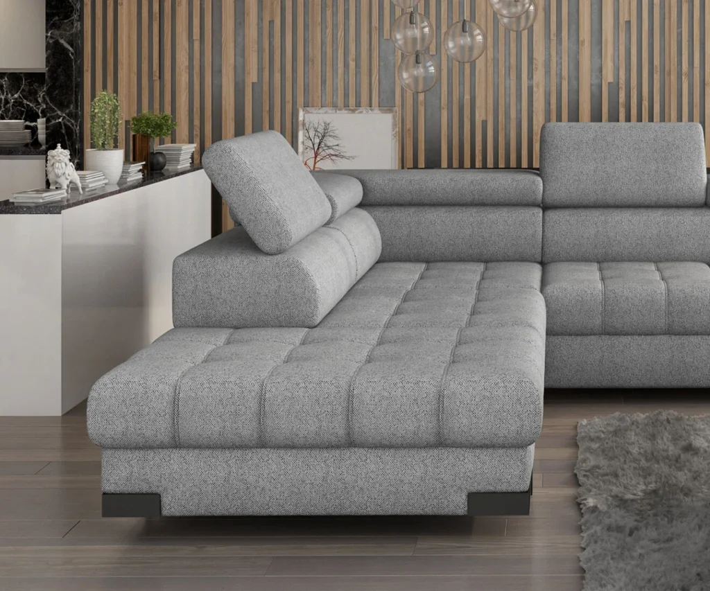 Narożnik rozkładany Selva L w tkaninie Austin-18 z funkcją spania i pojemnikiem na pościel