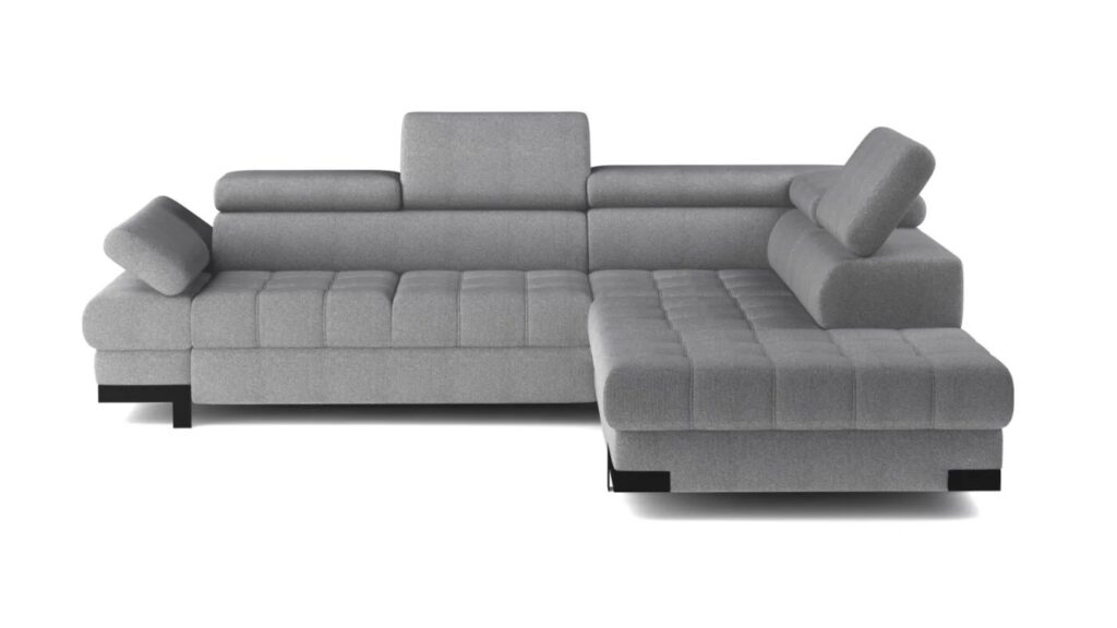 Narożnik rozkładany Selva L w tkaninie Austin-18 w jasnym odcieniu z regulowanymi zagłówkami i pojemnikiem na pościel