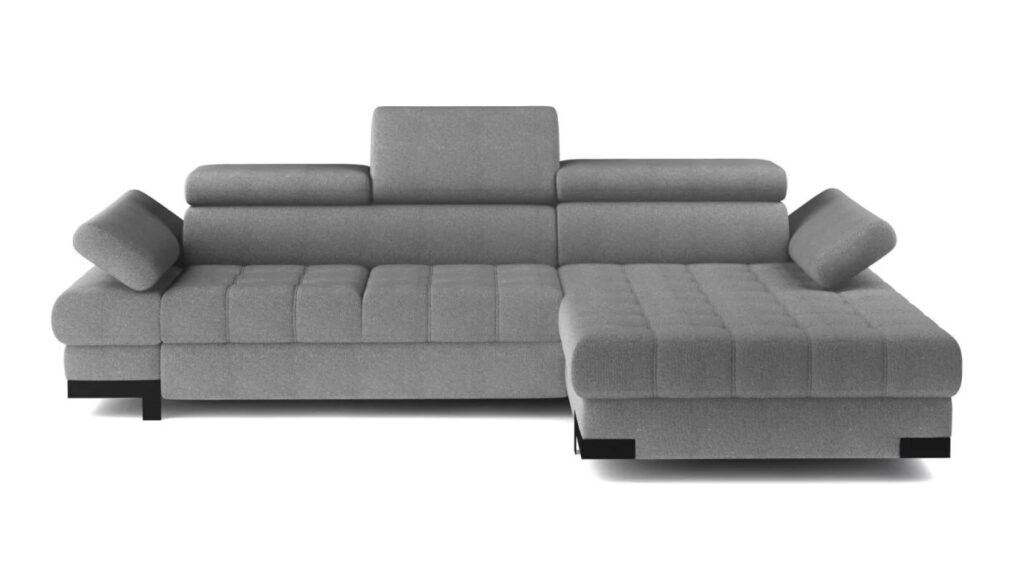 Narożnik rozkładany Selva Mini w tkaninie Austin-18 w jasnym kolorze z funkcją spania i pojemnikiem na pościel