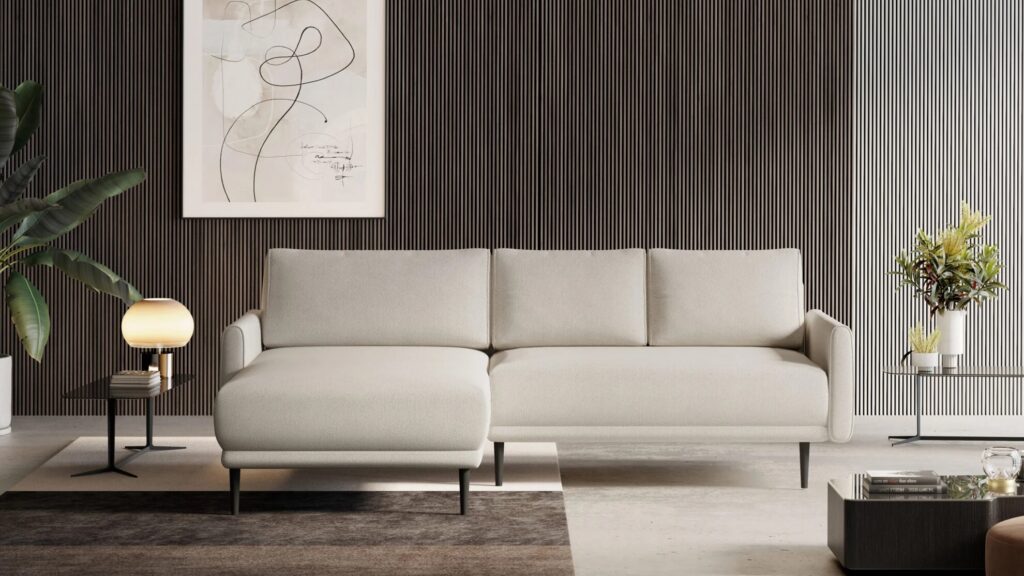 Narożnik rozkładany Soho z funkcją spania i pojemnikiem na pościel w nowoczesnym salonie