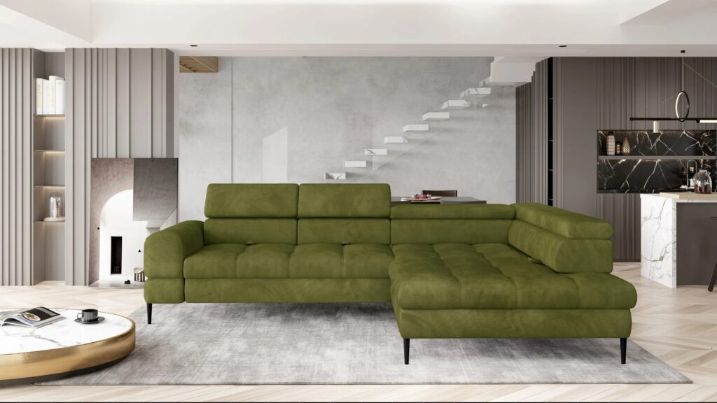 Narożnik rozkładany Voss L z funkcją spania i pojemnikiem na pościel w nowoczesnym salonie