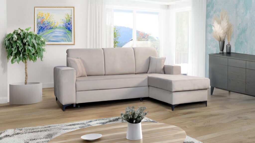 Narożnik rozkładany Walencja w nowoczesnym salonie z funkcją spania i pojemnikiem na pościel