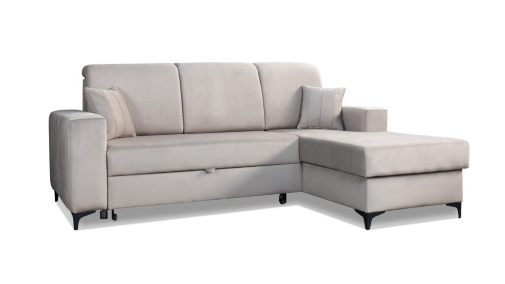 Narożnik rozkładany Walencja w nowoczesnym salonie, tapicerowany tkaniną, z funkcją spania i pojemnikiem na pościel