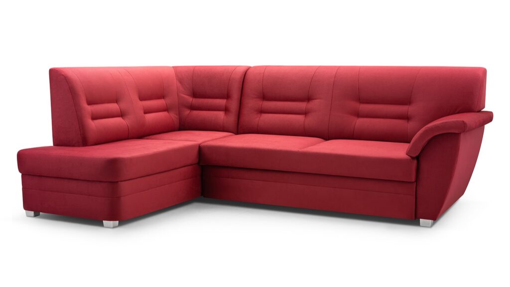 Narożnik rozkładany Jordania w tkaninie Solar-59 z chromowanymi nóżkami na jasnym tle