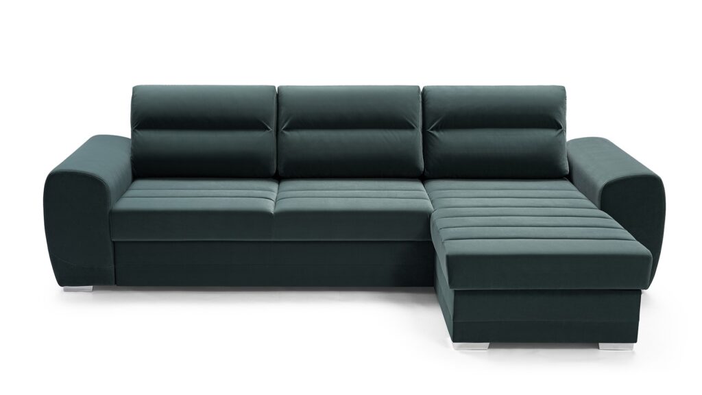 Narożnik rozkładany Kirii w tkaninie Velva-08 z funkcją spania i pojemnikiem na pościel