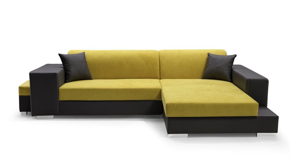 Narożnik rozkładany Madagaskar w tkaninie Aston-12 i Santiago-96 z chromowanymi nóżkami