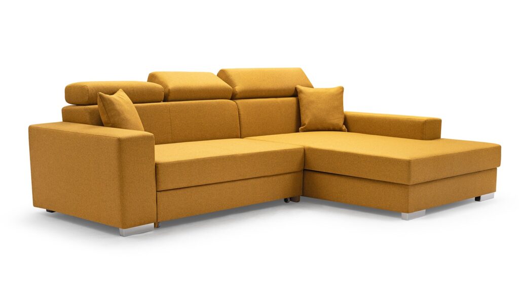 Narożnik rozkładany Mexico de Lux w tkaninie Malmo-41, prawostronny, nowoczesny design, funkcja spania i pojemnik na poś