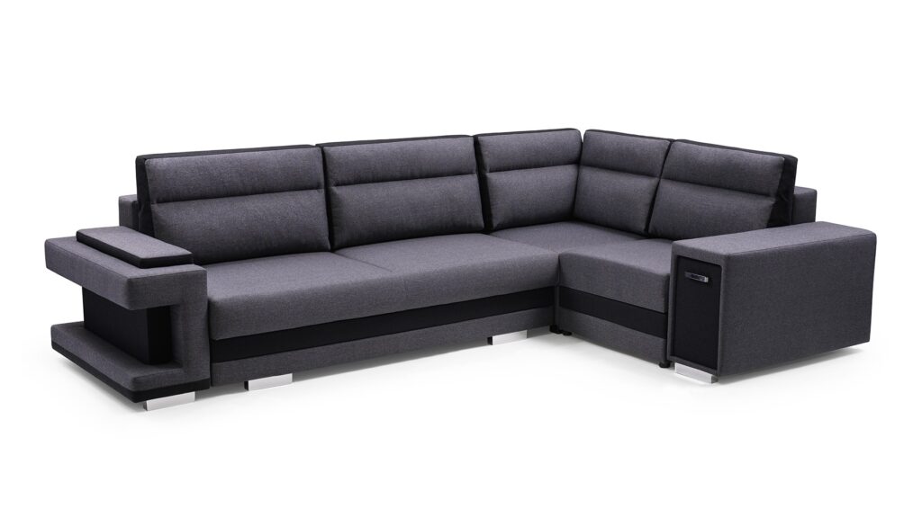 Narożnik rozkładany A1 w tkaninie Inari-94 i Inari-100 z pojemnikami na pościel i chromowanymi nóżkami