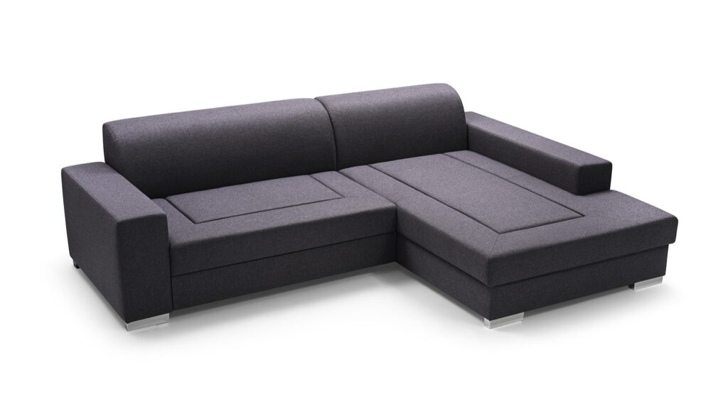 Narożnik rozkładany Malwa w tkaninie Sawana-05 w nowoczesnym salonie z pojemnikiem na pościel