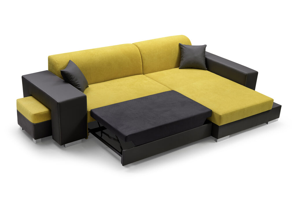 Narożnik rozkładany Madagaskar w tkaninie Aston-12 i Santiago-96 z pufą, nowoczesny i funkcjonalny